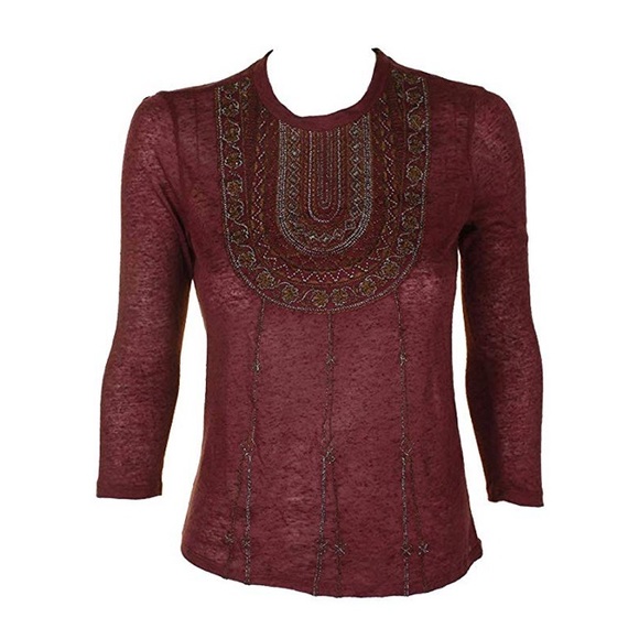 Lucky Brand Embroidered Burgundy Basic T-Shirt - Picture 2 of 7